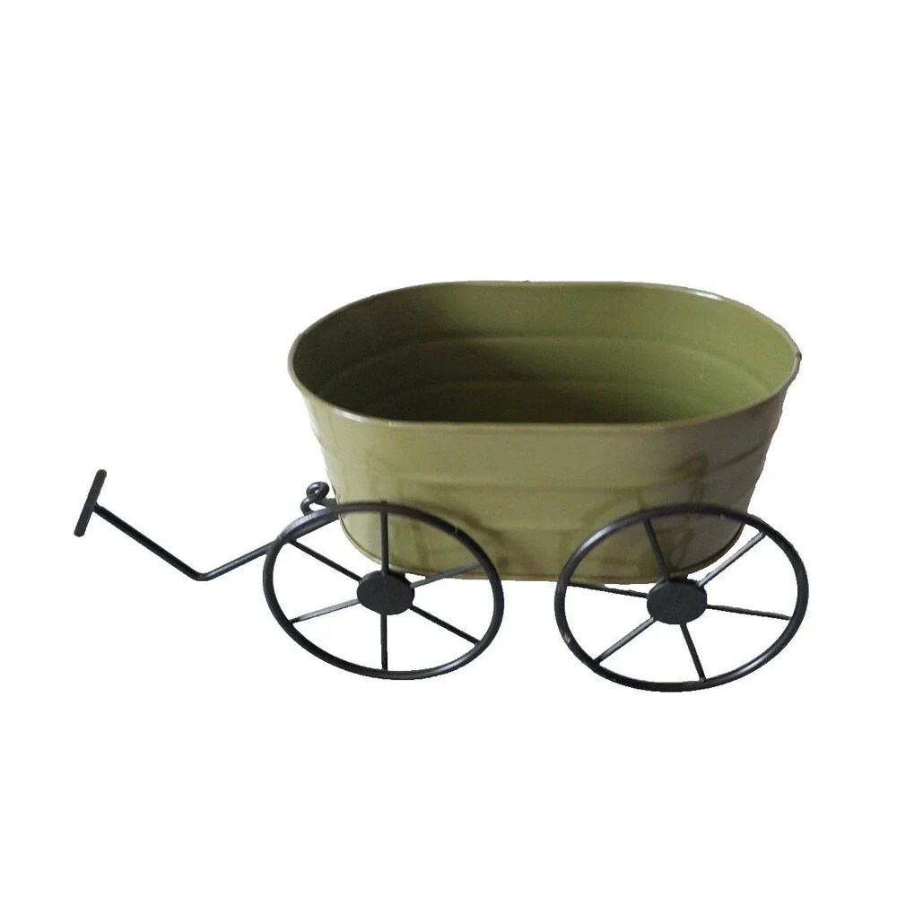 Olive Green Metal Wagon Planter w/ Rustic Black Wrought Iron Wheels Tabletop